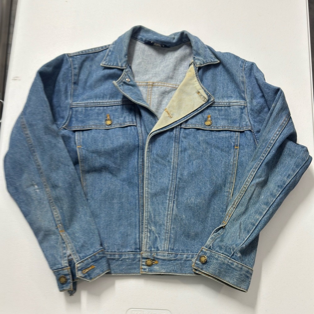 Vintage Brittania Denim Trucker Jacket womans S Blue Distressed Cotton Button Up